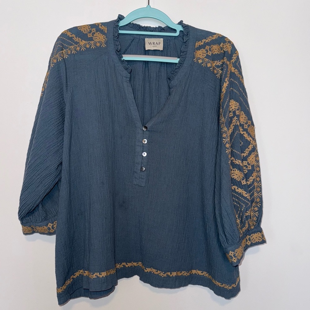 Wrap London Blue Boho Peasant Top US 16 UK 20 Crinkle Cotton Linen Embroidered